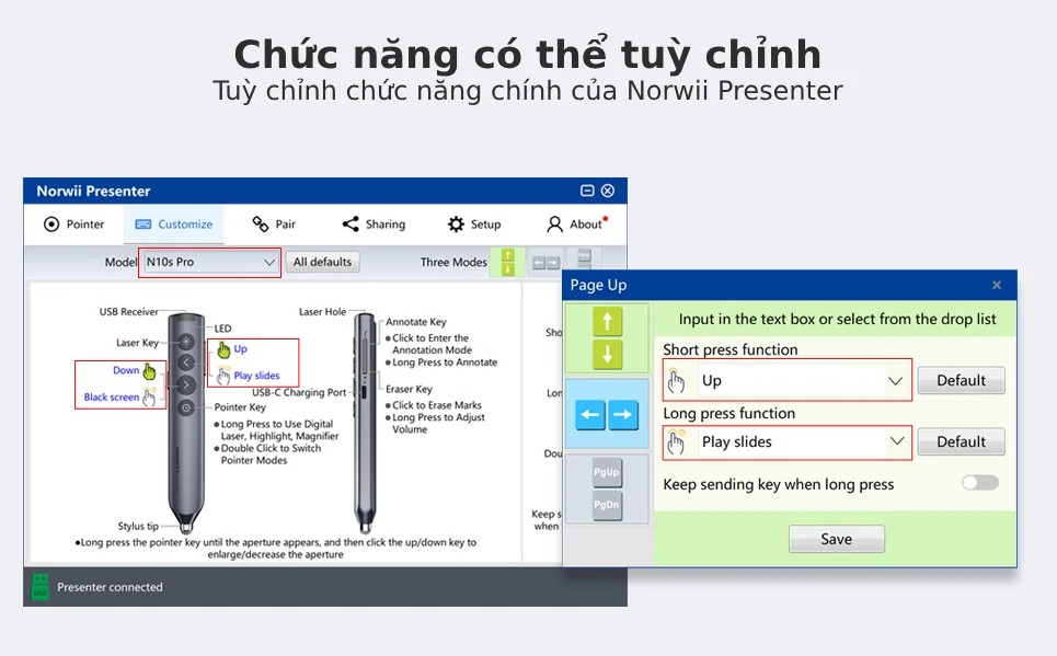 Bút trình chiếu Bluetooth dùng cho màn hình tương tác, LED Norwii N10S Pro laser màu xanh. HÀNG CHÍNH HÃNG CÓ BẢO HÀNH !!!