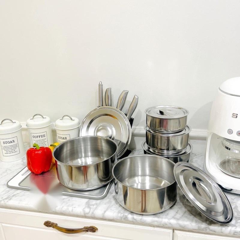 Bộ 5 Nồi Inox Không Quai Sáng Bóng Kèm Nắp Đủ Size 16-18-20-22-24 cm - dùng được trên bếp từ