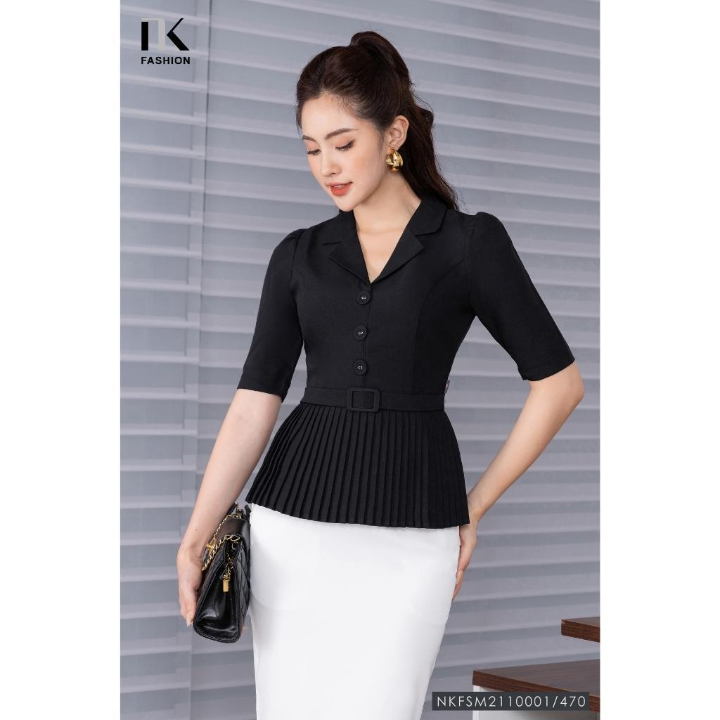 Áo Ký Giả Peplum Dập Ly UK Fashion Thiết Kế Tay Ngắn Bo Eo Điệu, Chất Liệu Nhập Hàn Mềm Mịn NKFSM2110001