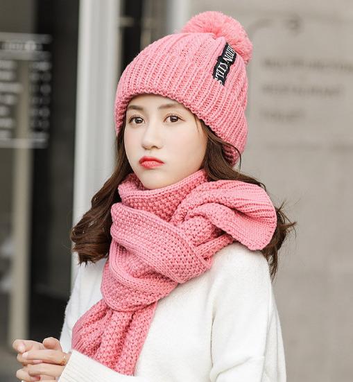 Bộ mũ nón len nữ kèm khăn cao cấp màu hồng phấn
