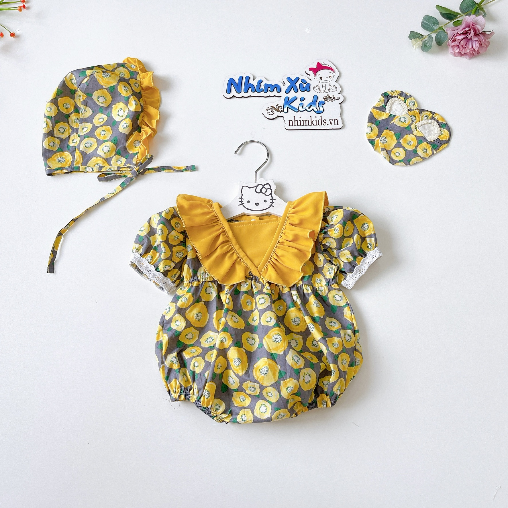 Bodysuit bông bí màu vàng bé gái sơ sinh đến 12kg, body tay ngắn 3 chi tiết cho bé gái