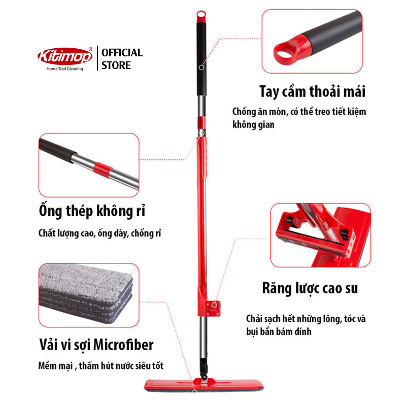 Cây lau nhà tự vắt Kitimop-Red bàn lau lớn 38cm, con lăn trợ lực, thanh thép không gỉ, khớp xoay 360 độ, 2 bông lau