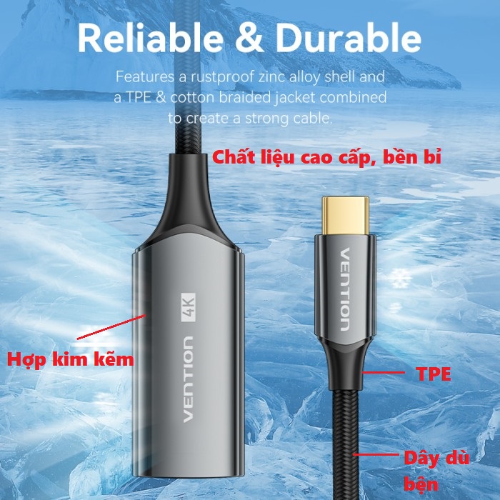 Đầu chuyển cổng type C sang HDMI female 4K@60Hz cho macbook laptop điện thoại Vention CRE ( 25cm) _  hàng chính hãng