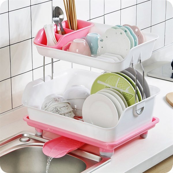 Giá úp bát kèm ống đũa bằng nhựa cao cấp thiết kế 2 tầng với khay hứng nước xoay mọi hướng, cho không gian bếp luôn khô ráo, thoáng đãng - Kệ úp chén đĩa 2 tầng