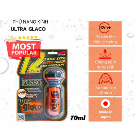 Phủ nano kính, chống bám nước trên kính ô tô Soft99 Ultra Glaco G-19 70ml, độ bền 12 tháng