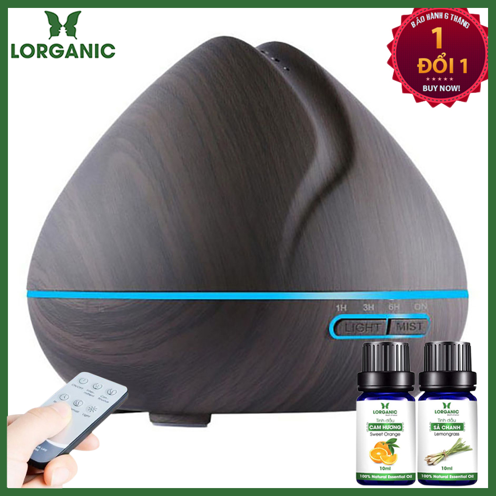 Máy khuếch tán/ máy xông tinh dầu Quả đào gỗ nâu Lorganic FX2025 + tinh dầu sả chanh + tinh dầu cam Lorganic