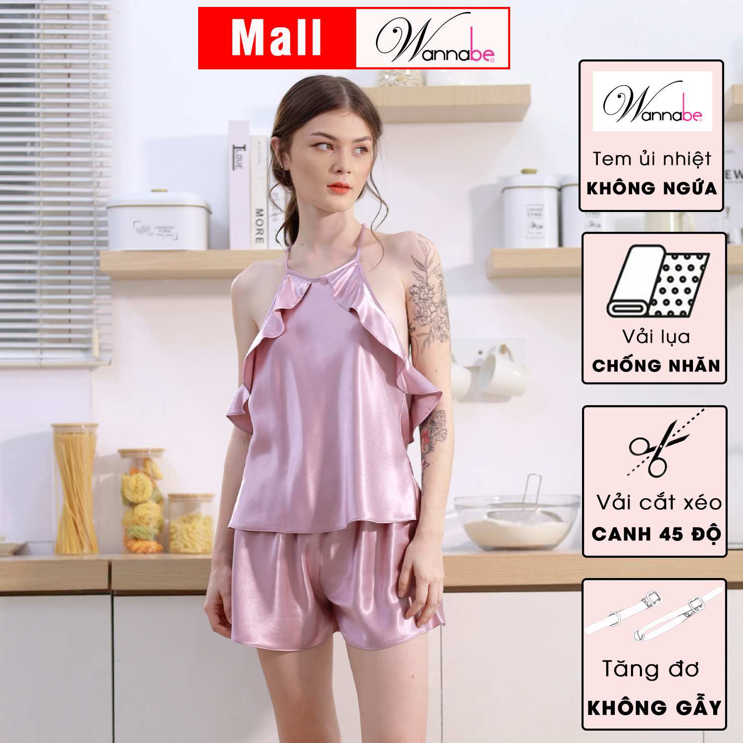 Đồ bộ mặc nhà WANNABE BSS22 đồ bộ quần sọt mặc với áo cổ yếm phối bèo gợn sóng lưng áo cut out trang trí dây khoe lưng