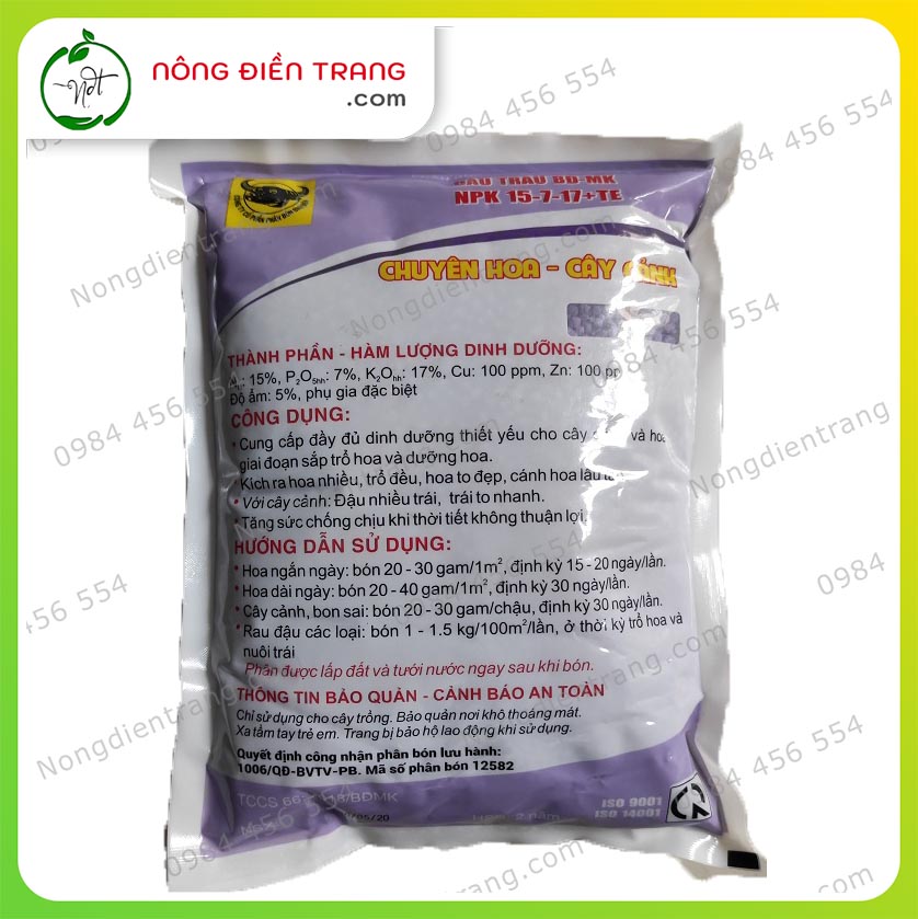 PHÂN BÓN ĐẦU TRÂU BĐ-MK 15-7-17+TE- GÓI 1KG - CHUYÊN HOA CÂY CẢNH, NHIỀU HOA, ĐẸP HOA, LÂU TÀN VTNN Nông Điền Trang 