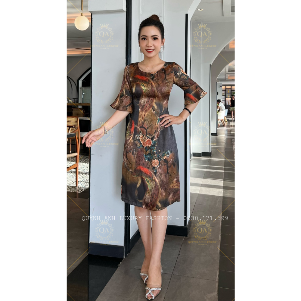 Váy Đầm Suông Hoa 3D Tone Nâu Loe Cao Cấp Vera Dress