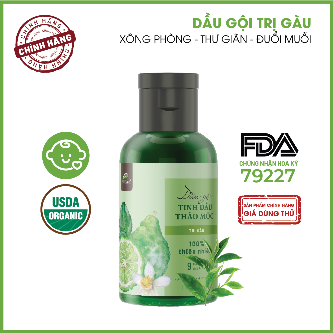 Dầu gội Tinh dầu thảo mộc hỗ trợ điều trị gàu 24Care - Dành cho Nam - chiết xuất từ tinh dầu thiên nhiên