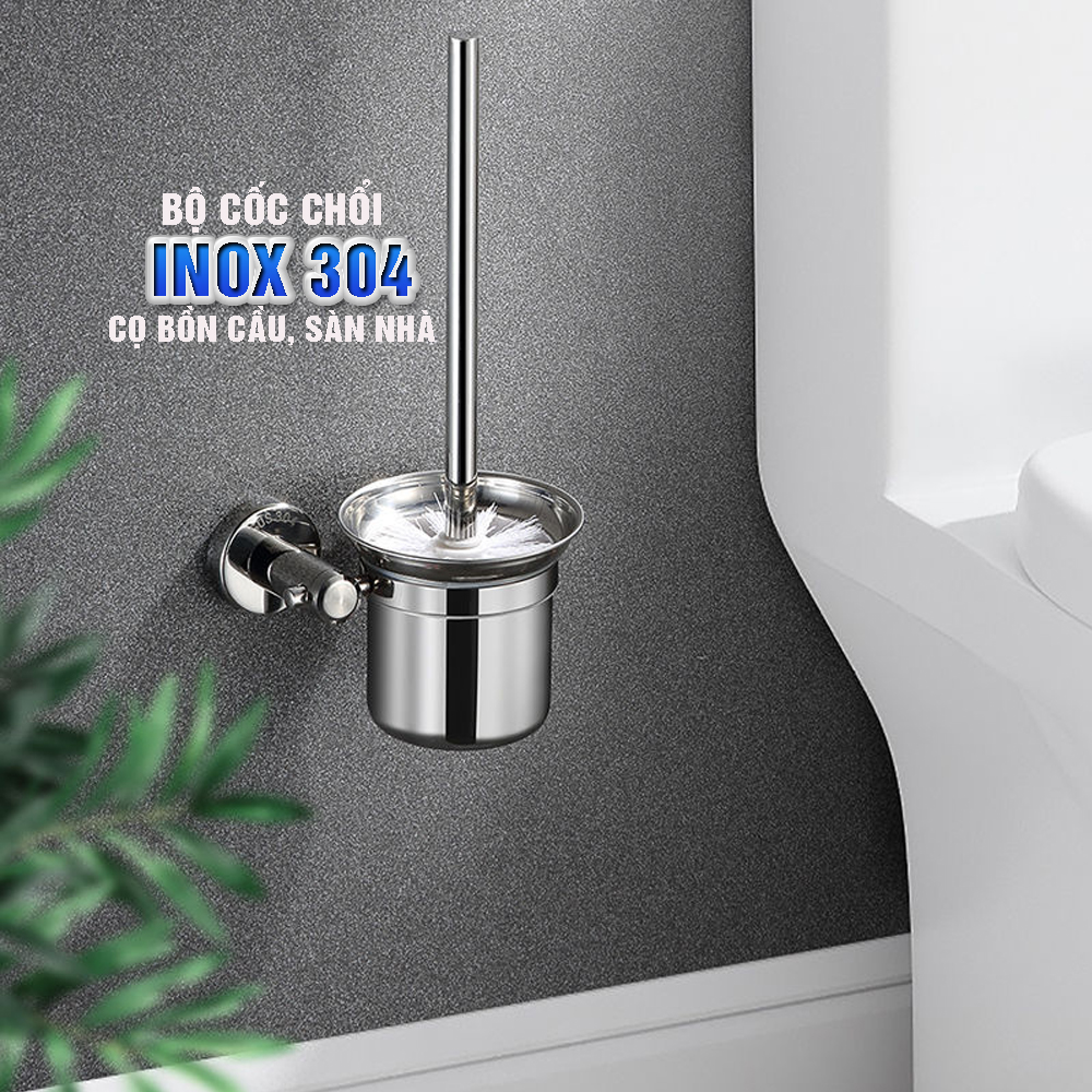 Bộ cốc chổi cọ bồn cầu, toilet nhà vệ sinh, sàn nhà treo tường, có giá đỡ bằng Inox 304 kháng khuẩn, không cần khoan, DAN HOUSE 3.11.11