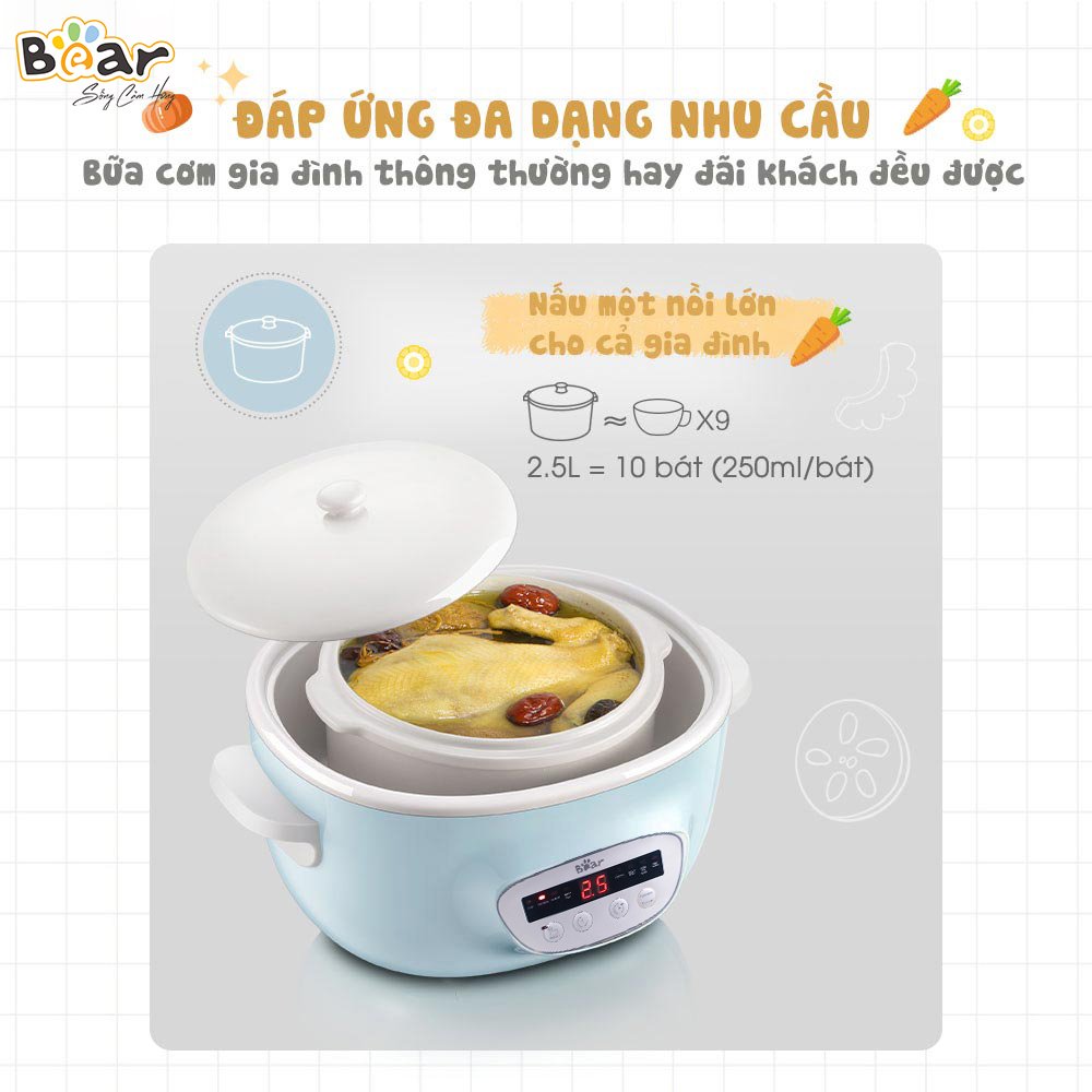 Nồi Nấu Chậm 2,5L Bear SUBE003 Đa Năng Hầm Cháo, Chưng Yến Bản Quốc Tế - Hàng Chính Hãng