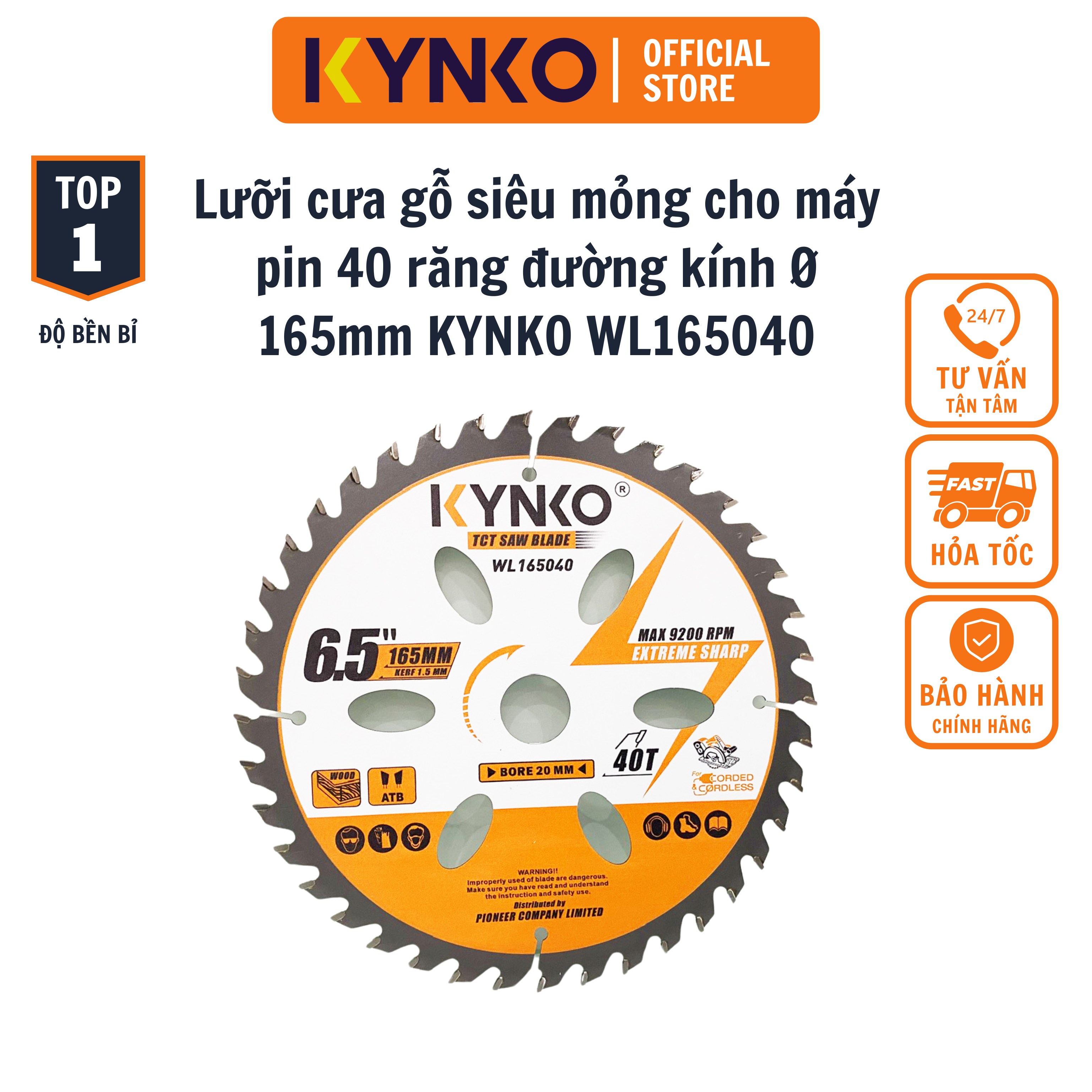 Lưỡi cưa gỗ siêu mỏng cho máy pin 40 răng đường kính Ø 165mm KYNKO WL165040