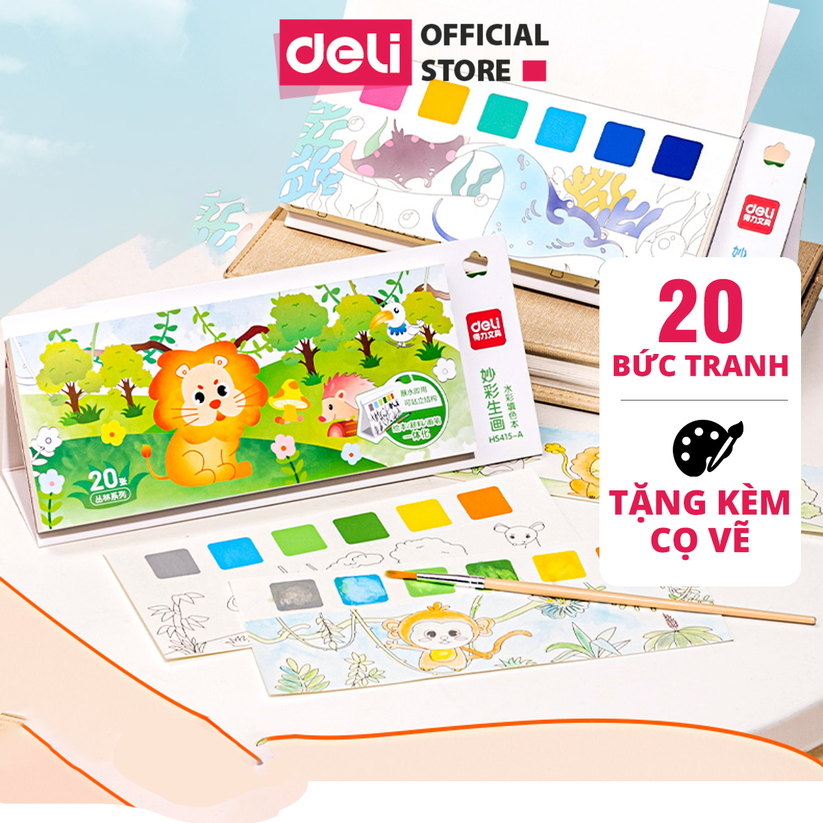 Bộ tranh tập tô màu nước cho bé Deli - 20 tờ - Kèm màu nước và cọ - Rừng Xanh/ Đại Dương - An toàn Sáng tạo học sinh