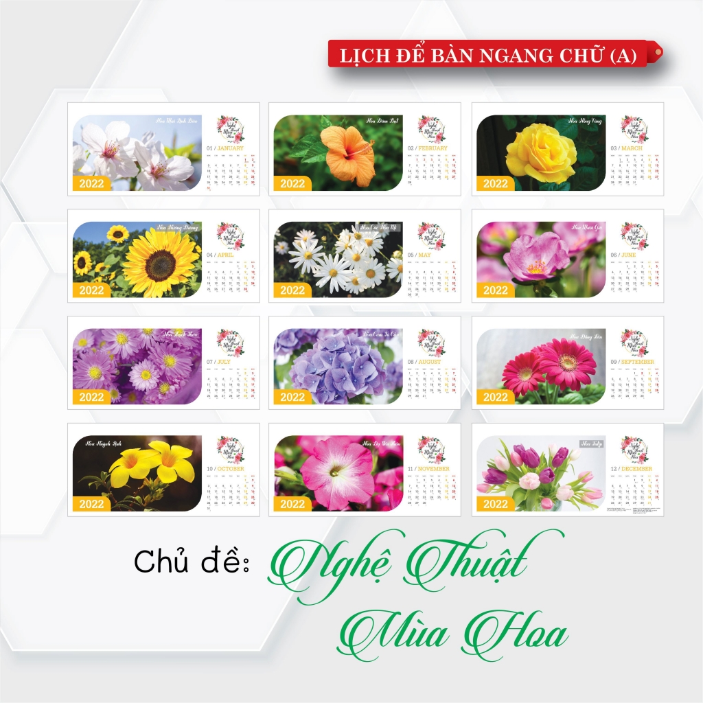 Lịch Để Bàn Ngang Chữ A 2022 (12x25cm) - Nghệ Thuật Mùa Hoa - KTV40A