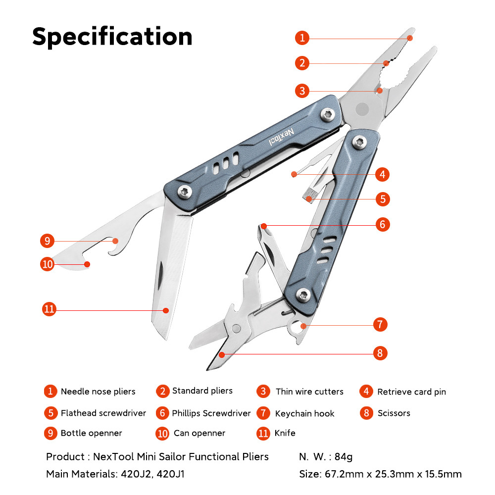 NexTool Mini Sailor 11-In-1 Multi-Function Tools Pliers Wire Cutters Retrieve Card Pin Screwdriver Scissors Bottle Opener Knife