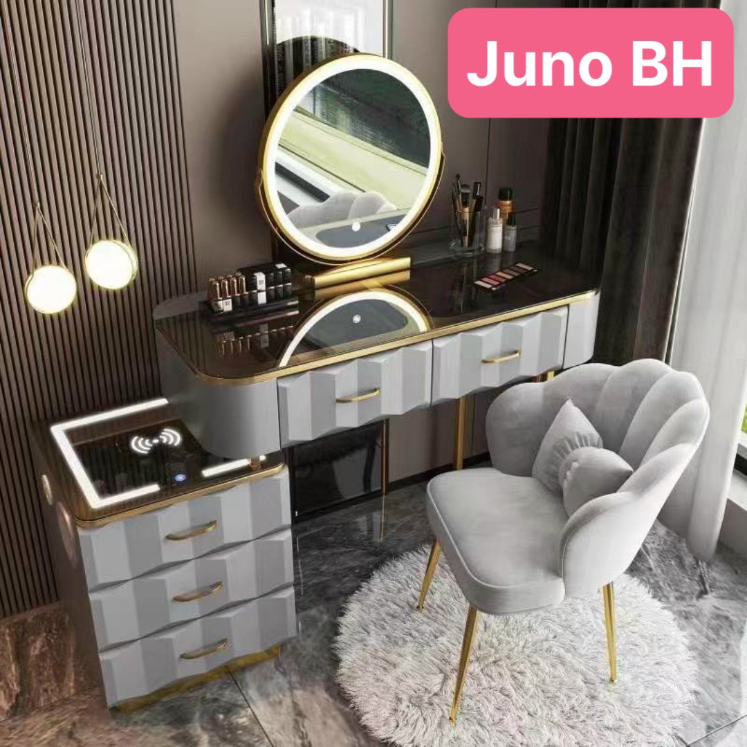 Bàn trang điểm BH Juno Sofa bọc da mặt kính gương led cảm ứng