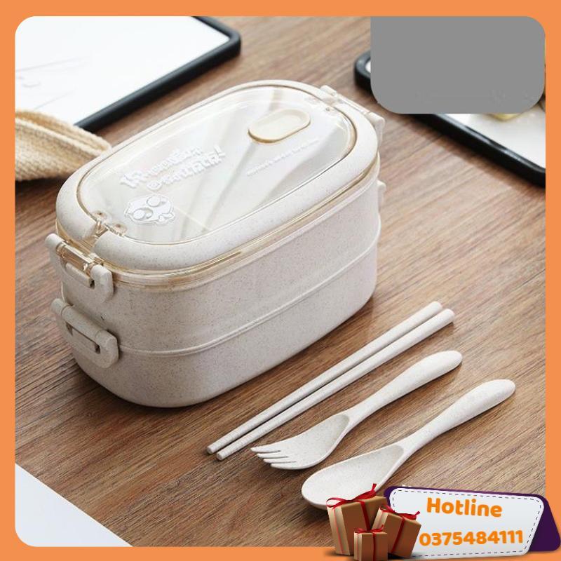 Hộp Cơm Lúa Mạch 2 Tầng 2 Ngăn Kèm Đũa Thìa - Hàng Loại 1