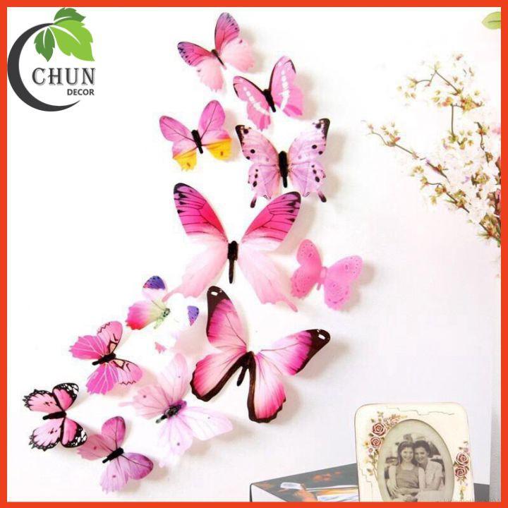 Combo 12 decal dán tường hình bướm 3D trang trí cửa kính, tủ quàn áo, giỏ hoa, ảnh treo tường