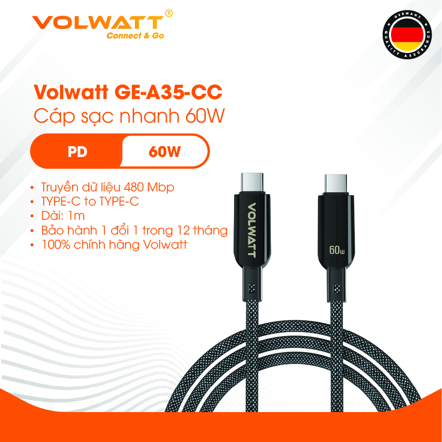 Cáp sạc nhanh 60W Volwatt GE-A35-CC hàng chính hãng | Cáp Type-C to Type-C có LED hiển thị công suất, dây nylon bền bỉ, truyền dữ liệu 480Mbps – BH 12 tháng