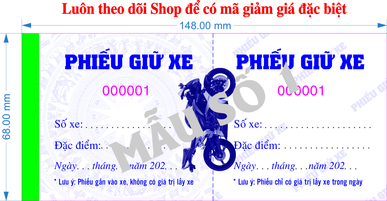 Phiếu giữ xe mẫu chuẩn in sẵn hoặc thêm tên tiệm-Block 100 quyển