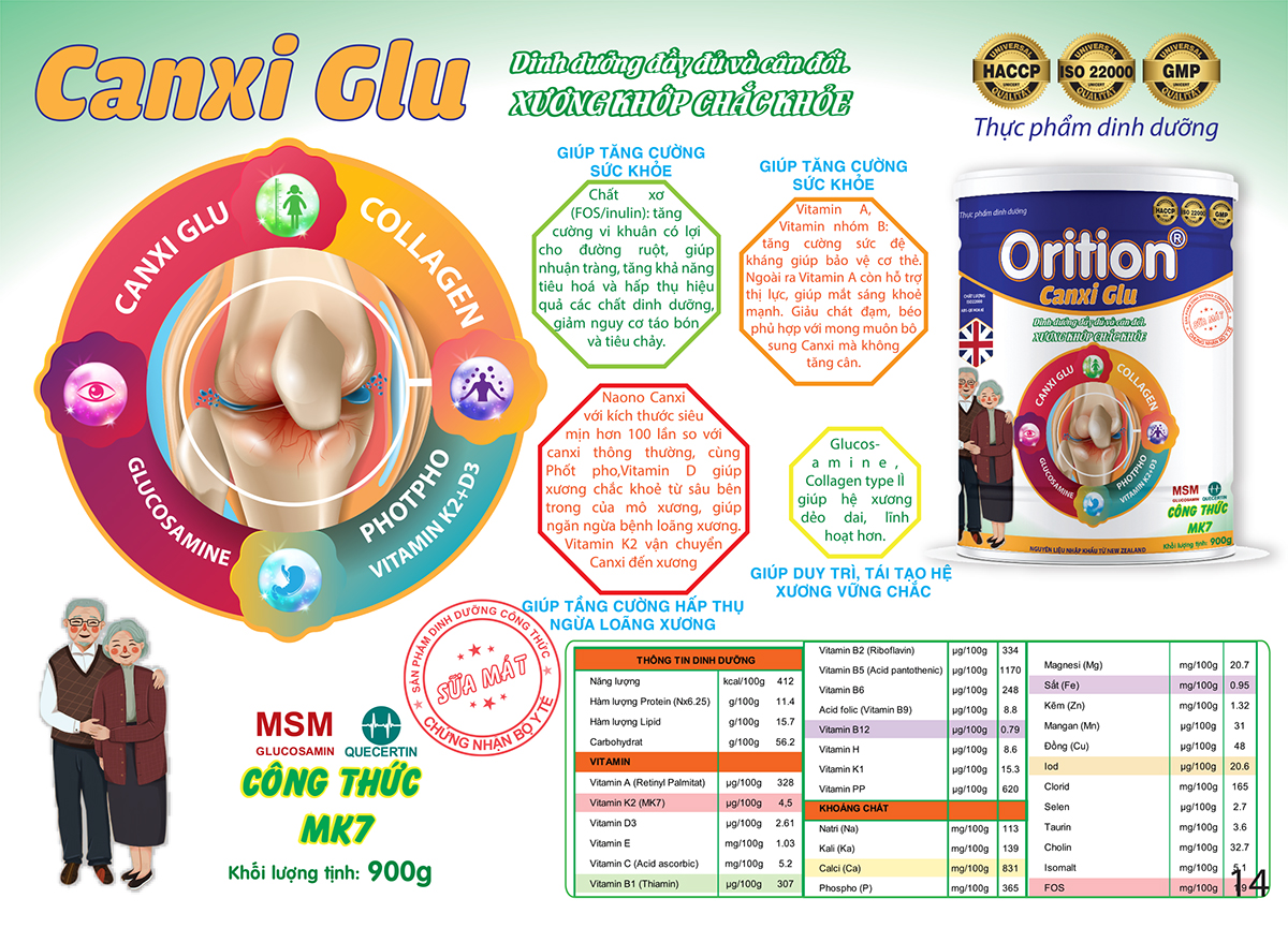 Sữa bột ORITION Canxi Glu phòng ngừa và hỗ trợ cơ xương khớp chắc khỏe dành cho người già (900g)