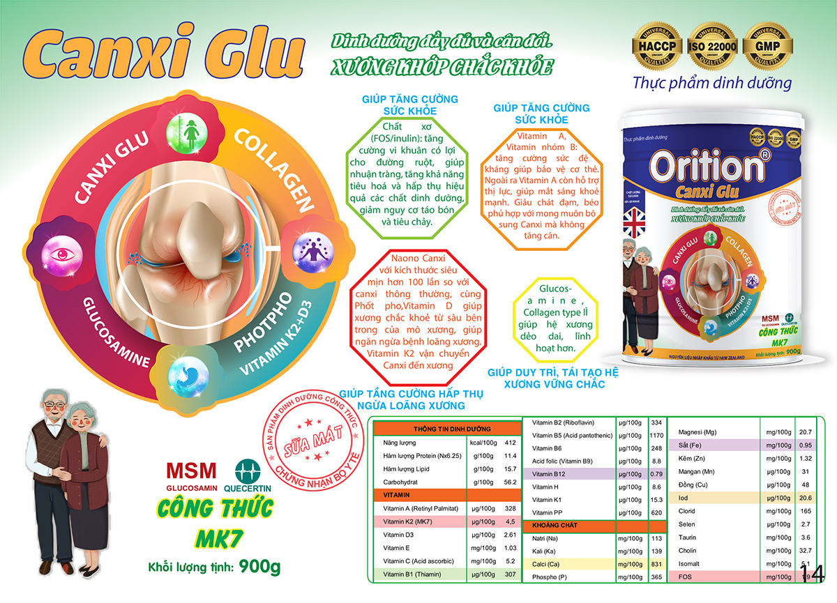 Sữa bột ORITION Canxi Glu phòng ngừa và hỗ trợ cơ xương khớp chắc khỏe dành cho người già