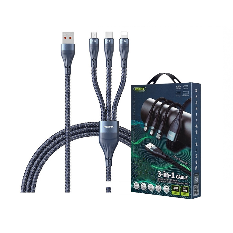 Cáp sạc nhanh đa năng 3in1 Remax RC-199th 3 đầu Type C / LN cho Táo / Micro USB 6A max 66W - dây dài 1.2m - hàng chính hãng