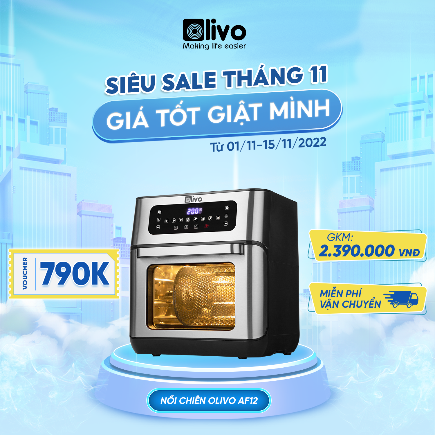 Nồi Chiên Không Dầu OLIVO AF 12 [Hàng Chính Hãng] Dung Tích 12L - Công Suất 1800W