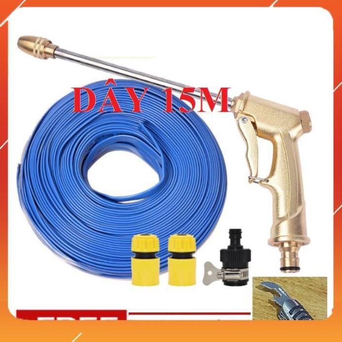 Bộ dây vòi xịt bơm nước tưới rửa , tăng áp 3 lần, loại 15m 206701-3 đầu đồng, cút,+ mở chai