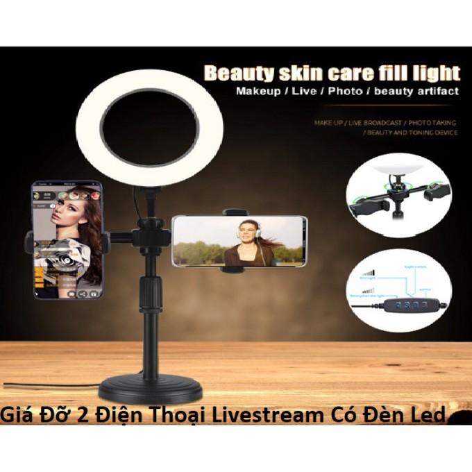 Giá Đỡ 2 Điện Thoại Livestream Có Đèn Led, Kẹp Điện Thoại Để Bàn Quay Video Tiktok Có Đèn Led 3 Màu