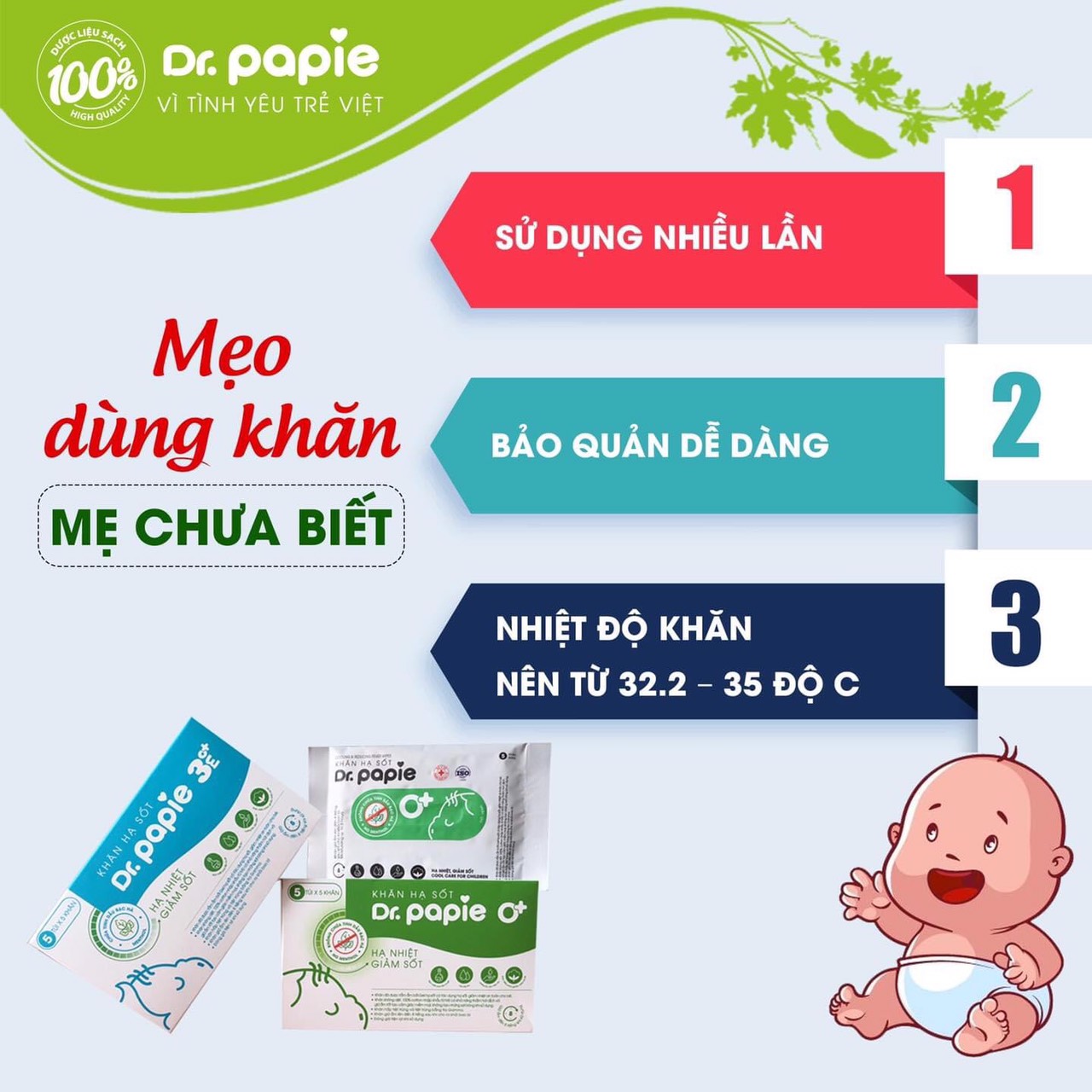 Khăn Lau Hạ Sốt Dr Papie - 1 gói xanh lá cho bé từ 0 tháng trở lên