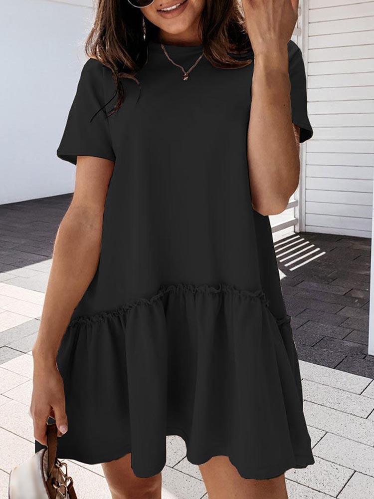 Women Mini Dress Short Sleeve O-neck Ruffle Hem Solid Color Loose Casual Dress