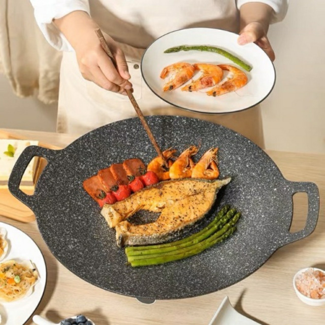 Chảo Đá Nướng Thịt Kiểu Hàn Quốc, Vỉ Nướng BBQ Chống Dính Không Cần Dầu Size 34cm Hàng Chính Hãng MINIIN