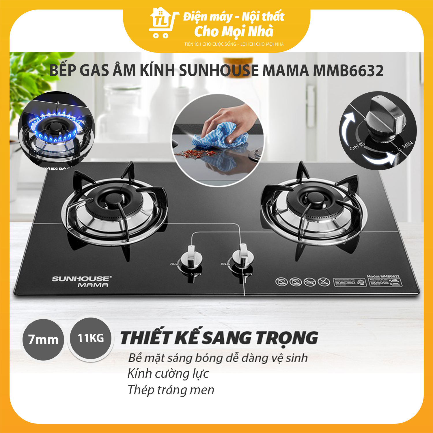 Bếp Gas Âm Đôi Mặt Kính Sunhouse - MMB6632 - Hàng chính hãng