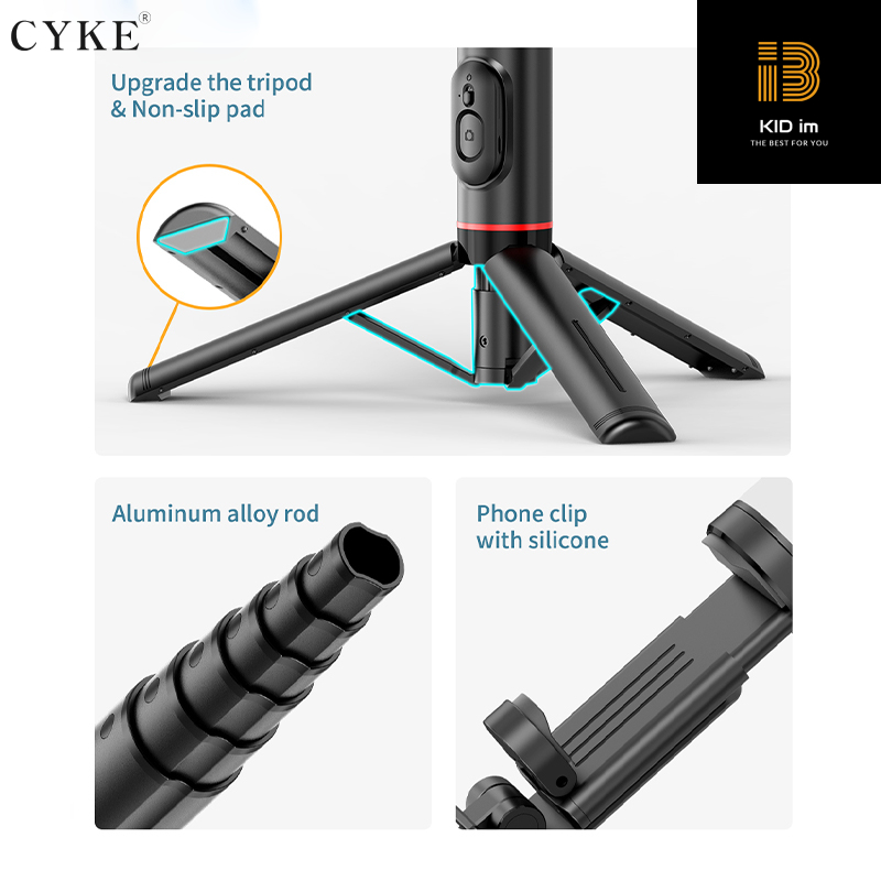 Gậy chụp hình Selfie Tripod CYKE kéo dài 76.5cm xoay 360 độ tích hợp điều khiển không dây bluetooth kèm đèn Led xoay 360 độ-Hàng chính hãng