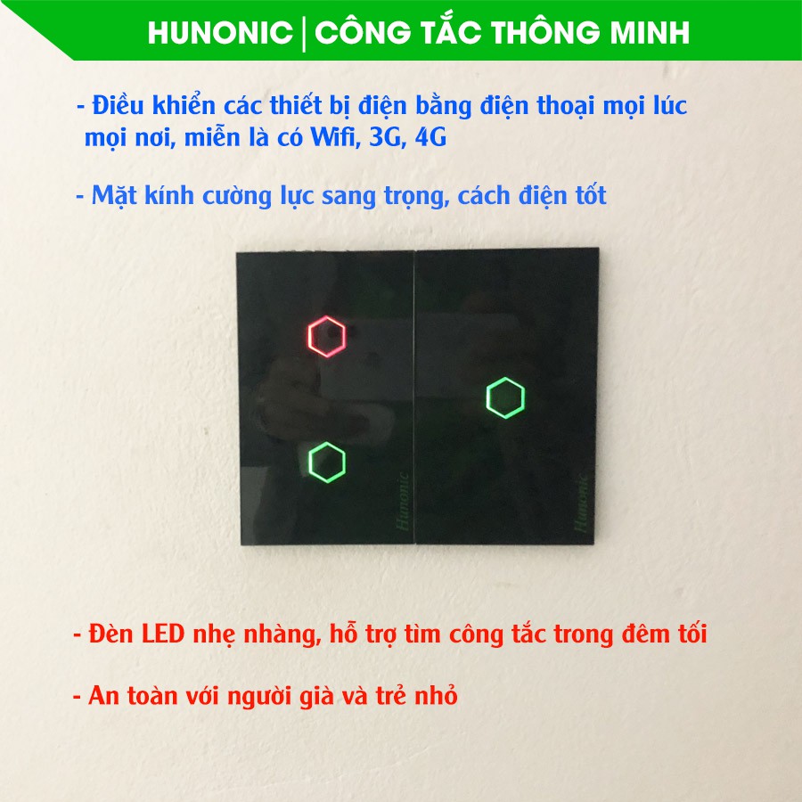 Công tắc thông minh Hunonic 2 nút hỗ trợ Google Assistant . Công tắc cảm ứng WIFI kính cường lực- Công tắc điện 2 màu đen trắng | Hàng Việt Nam Chất Lượng Cao- BH 12 tháng