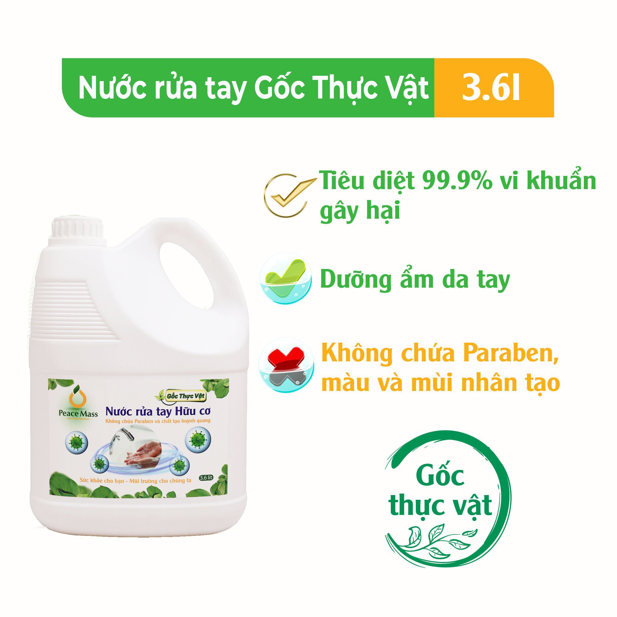 TLB2 Combo Sản Phẩm  Gốc Thực Vật Peace Mass - Nước Cọ Toilet + Nước Lau Kính 3.6l+ Nước Rửa Tay 3.6l (Thuộc nhóm Sản phẩm Lành tính / Hữu cơ)