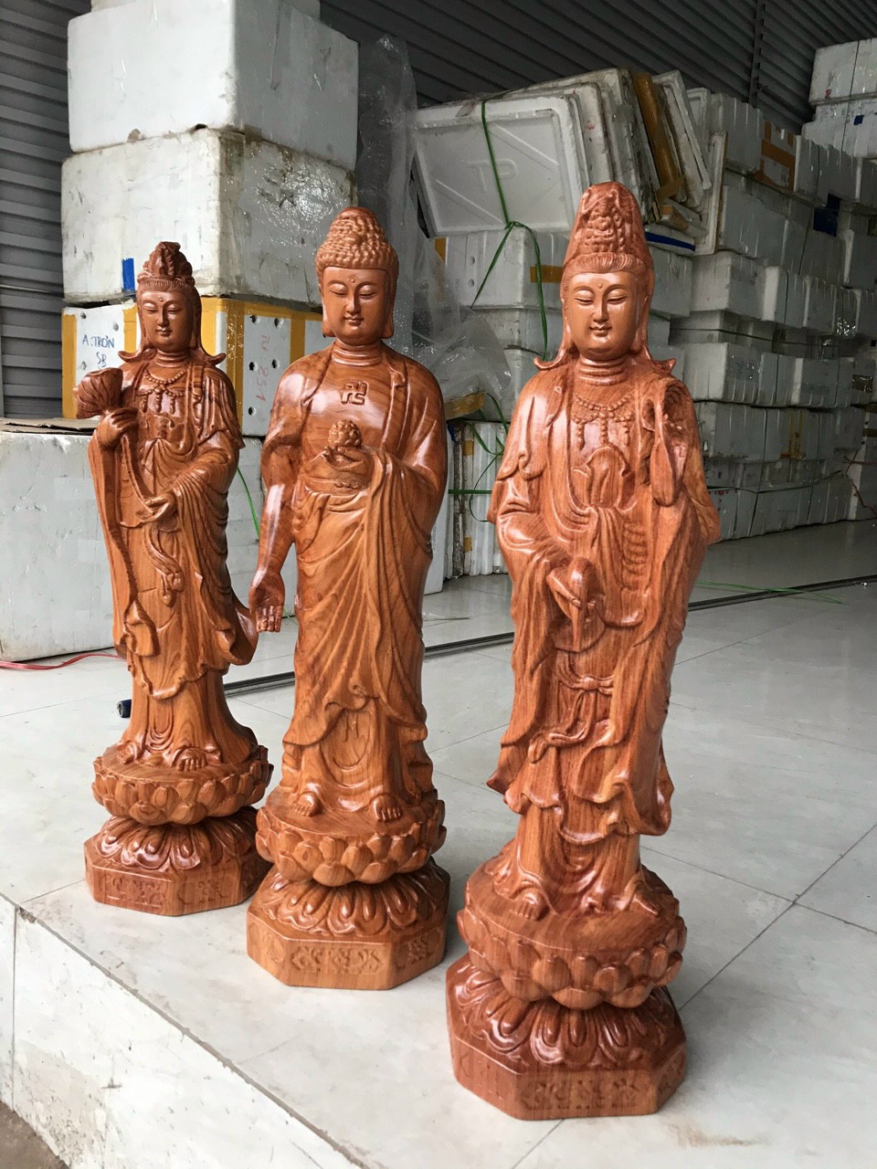 Tượng phật tây phương tam thánh bằng gỗ hương đá liền khối kt cao 60×20×20cm