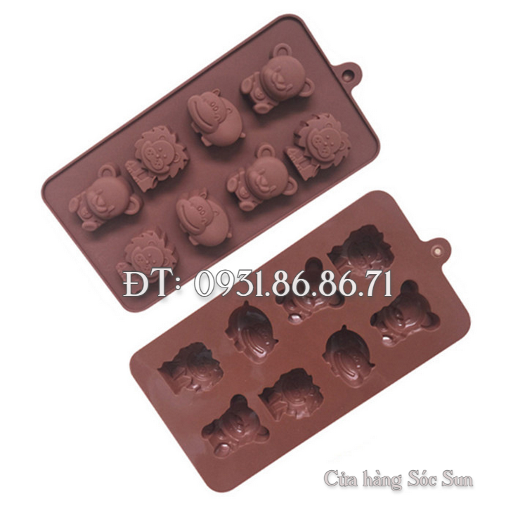Khuôn silicon 8 con hà mã, sư tử, gấu – Mã số 1435