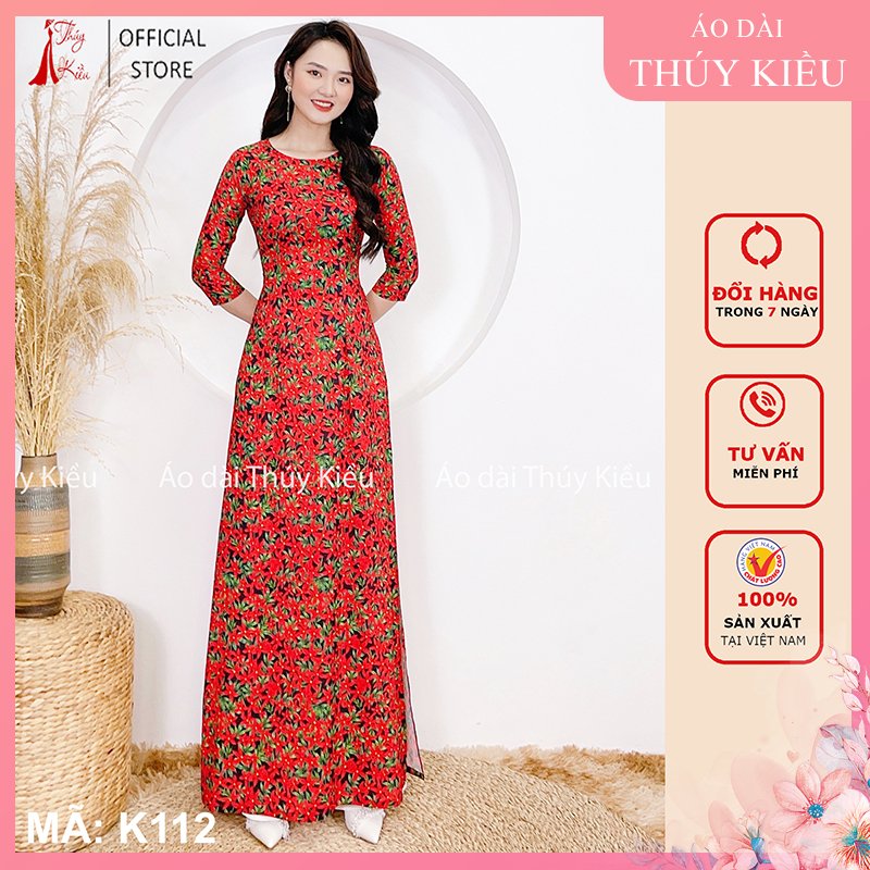 Áo dài Thúy Kiều in 3D lụa nhật in hoa nhí sao 5 cánh K112