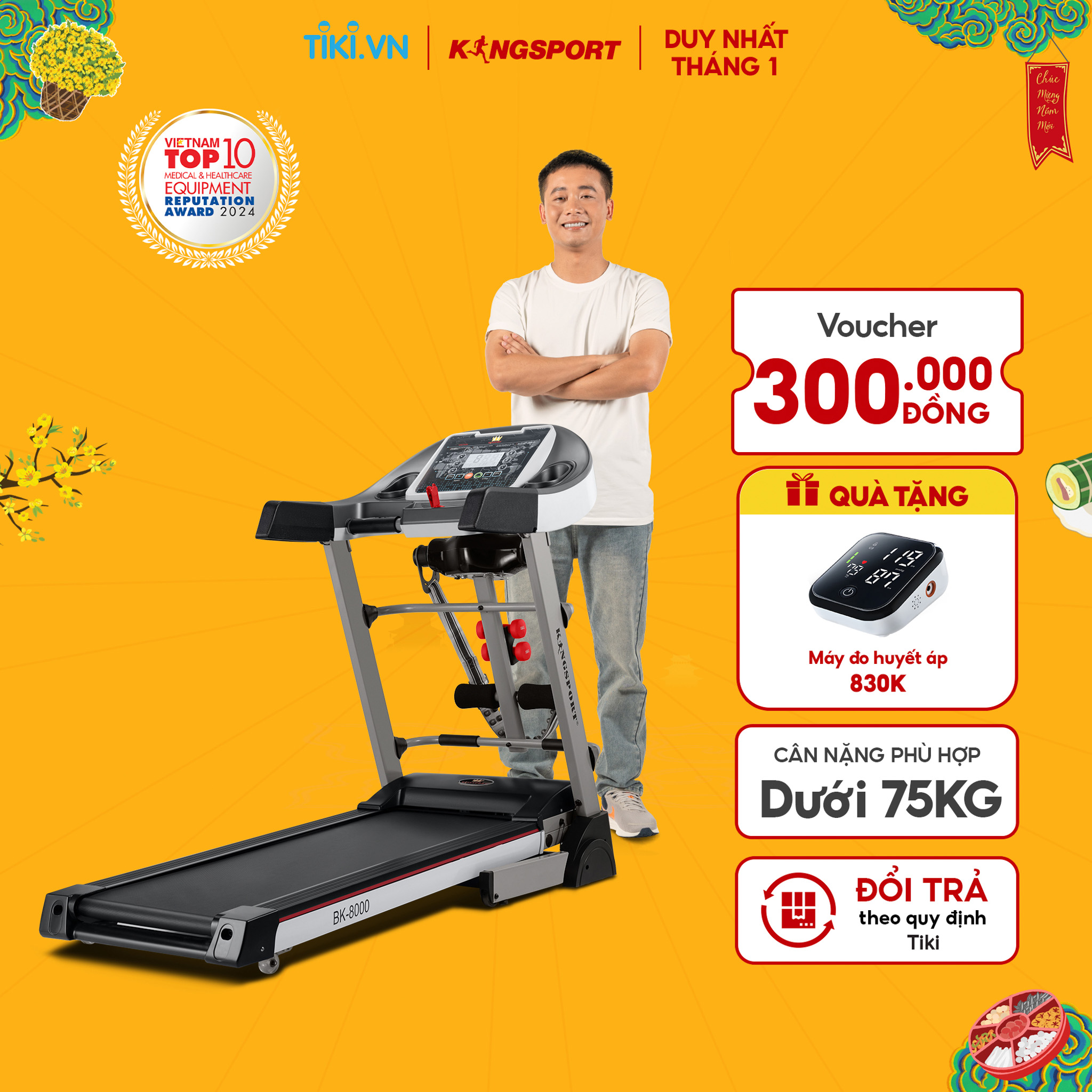 Chi Giao Miên Nam Máy Chạy Bộ Kingsport Bk - 8000 Đa Năng, Thảm Chạy Rộng Chống Trơn, Kèm Đai Massage Và Thanh Gập Bụng, Cân Nặng Phù Hợp Từ Dưới 75Kg