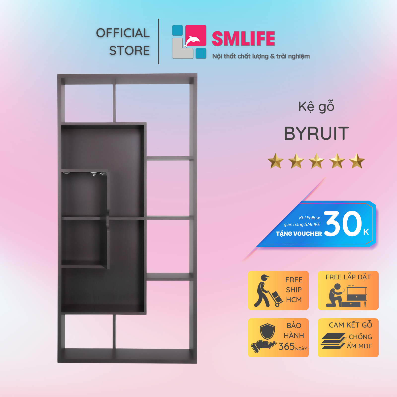 Kệ sách, kệ trang trí gỗ hiện đại SMLIFE Byruit | Gỗ MDF dày 17mm chống ẩm | D90xR30xC180cm