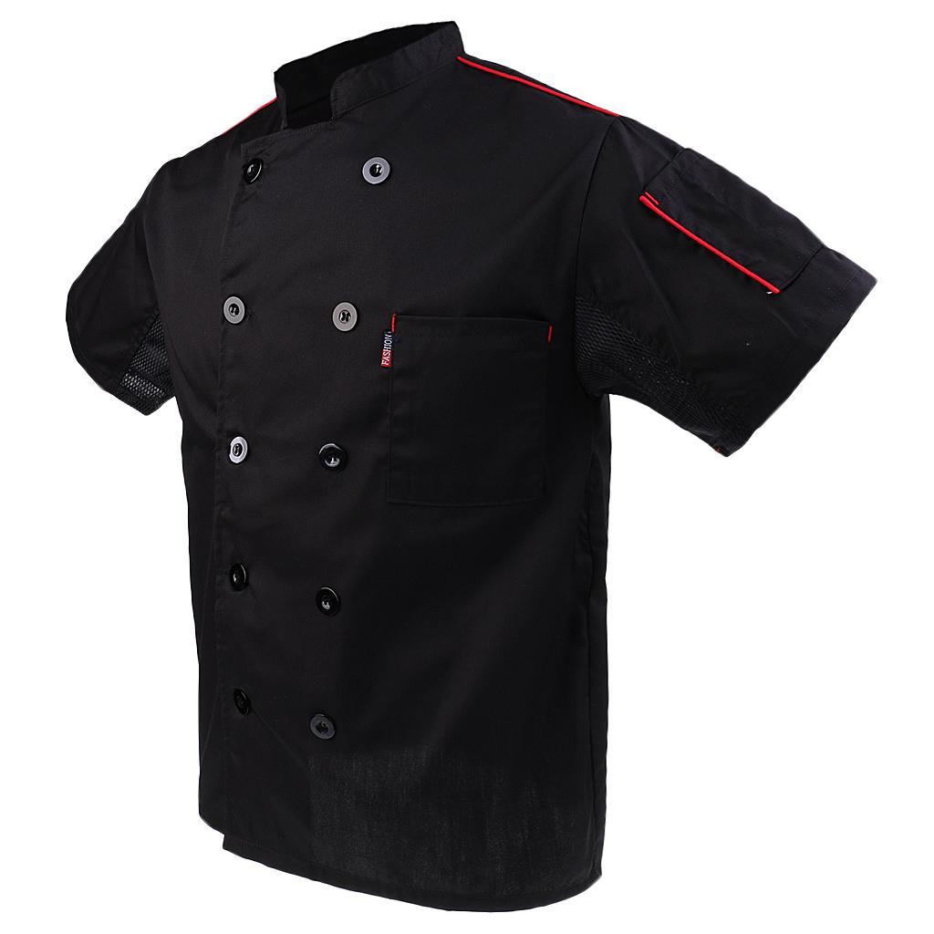 Fashion Beret Chef Hat Chef Coat Jacket Net Short Sleeve with Pen Pockets Chef Wear Professional Kitchen Uniforms M