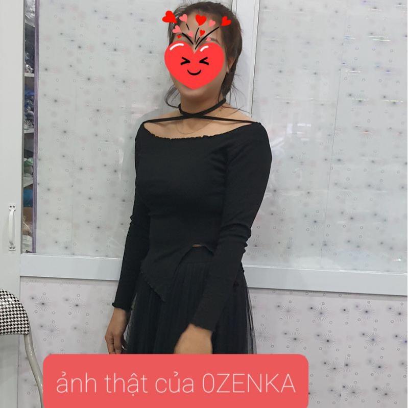 Áo thun croptop tay dài sẻ gấu cổ rộng nữ OZENKA chất thun gân cao cấp 100% cotton màu đen trắng free size dưới 50 cân