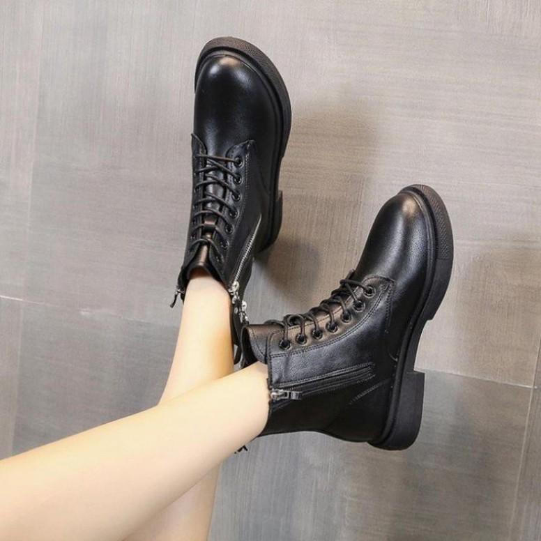 Giày Boots Nữ, Boots Nữ Cổ Thấp 3cm Hai Khóa Hot Hit Siêu Đẹp Hai Màu Đen Kem Minhtushoes Giày Nữ Cao cấp