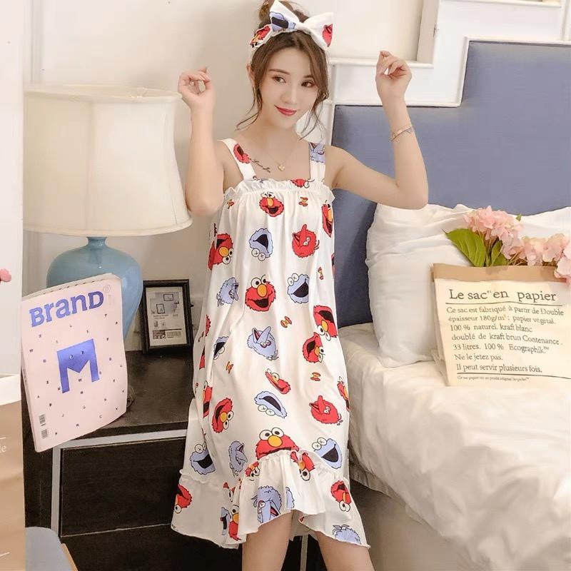 Váy Ngủ 2 dây chất thun sữa mềm mát - Đầm ngủ mùa hè họa tiết hoạt hình dễ thương V293 ( tặng kèm Tuban