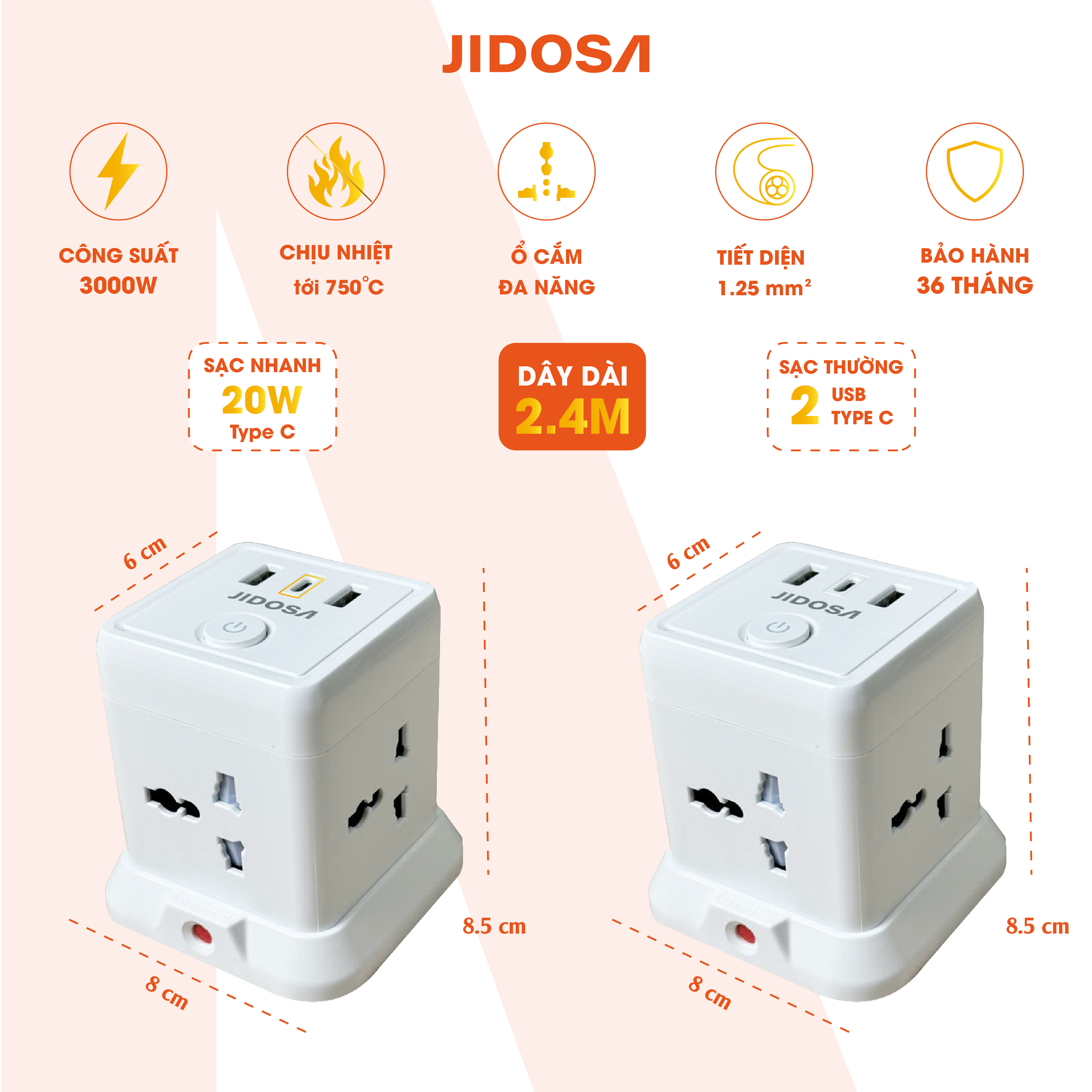 Ổ Cắm Điện JIDOSA Tích Hợp Ổ USB Và Type C Hình Tháp Đa Năng Công suất 3000w Thiết Kế Thông Minh