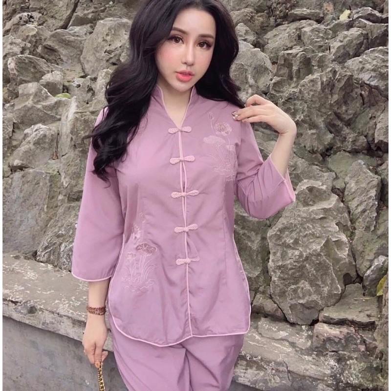 Quần áo phật tử Bộ bà lai cổ tàu thêu sen