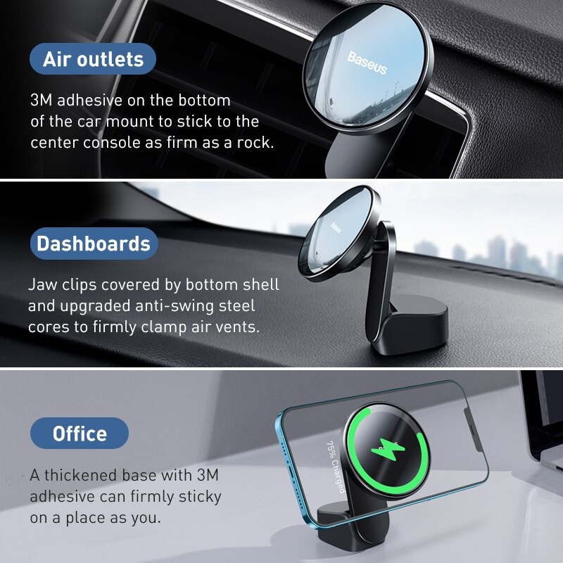 Đế giữ điện thoại tích hợp nam châm và Sạc không dây dùng trên xe ô tô Baseus Big Energy Car Mount Wireless Charger (15W, Magsafe Wireless Quick Charger and Holder for Car) - Hàng Chính Hãng